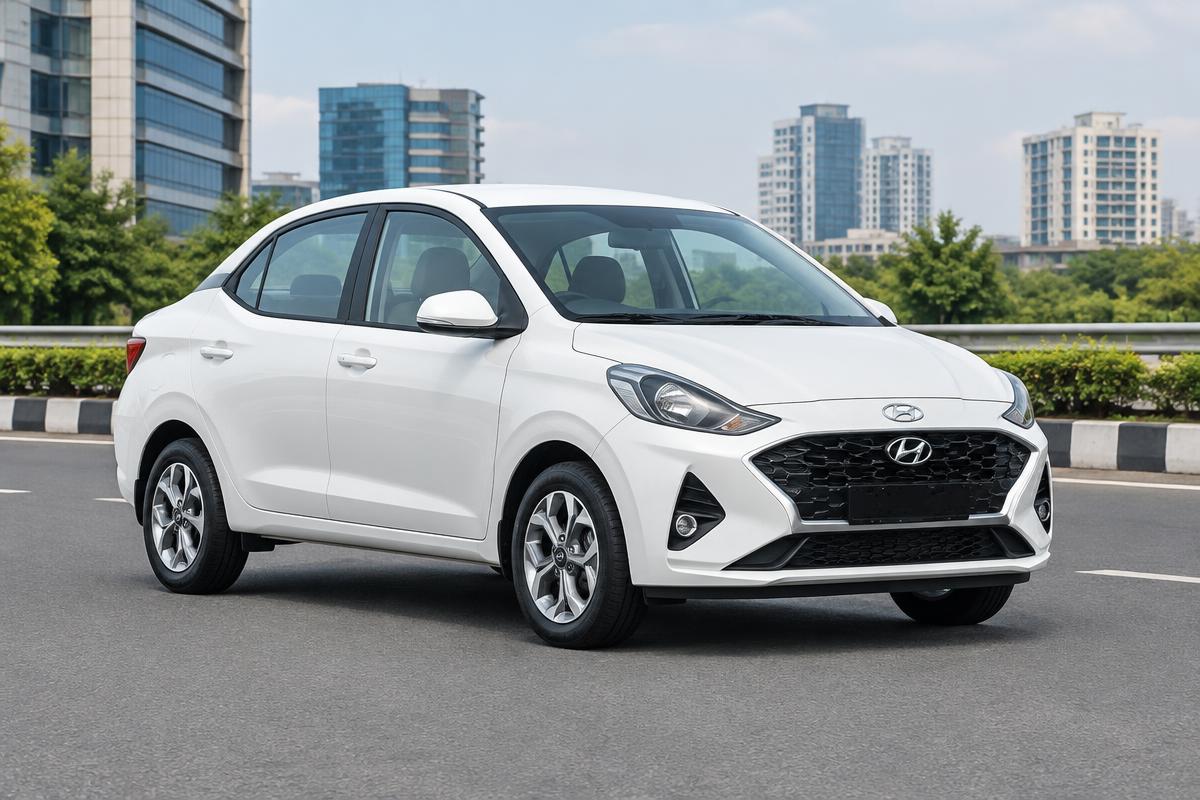 Hyundai Aura – White available for rental from Raj Travel and Mutual Fund