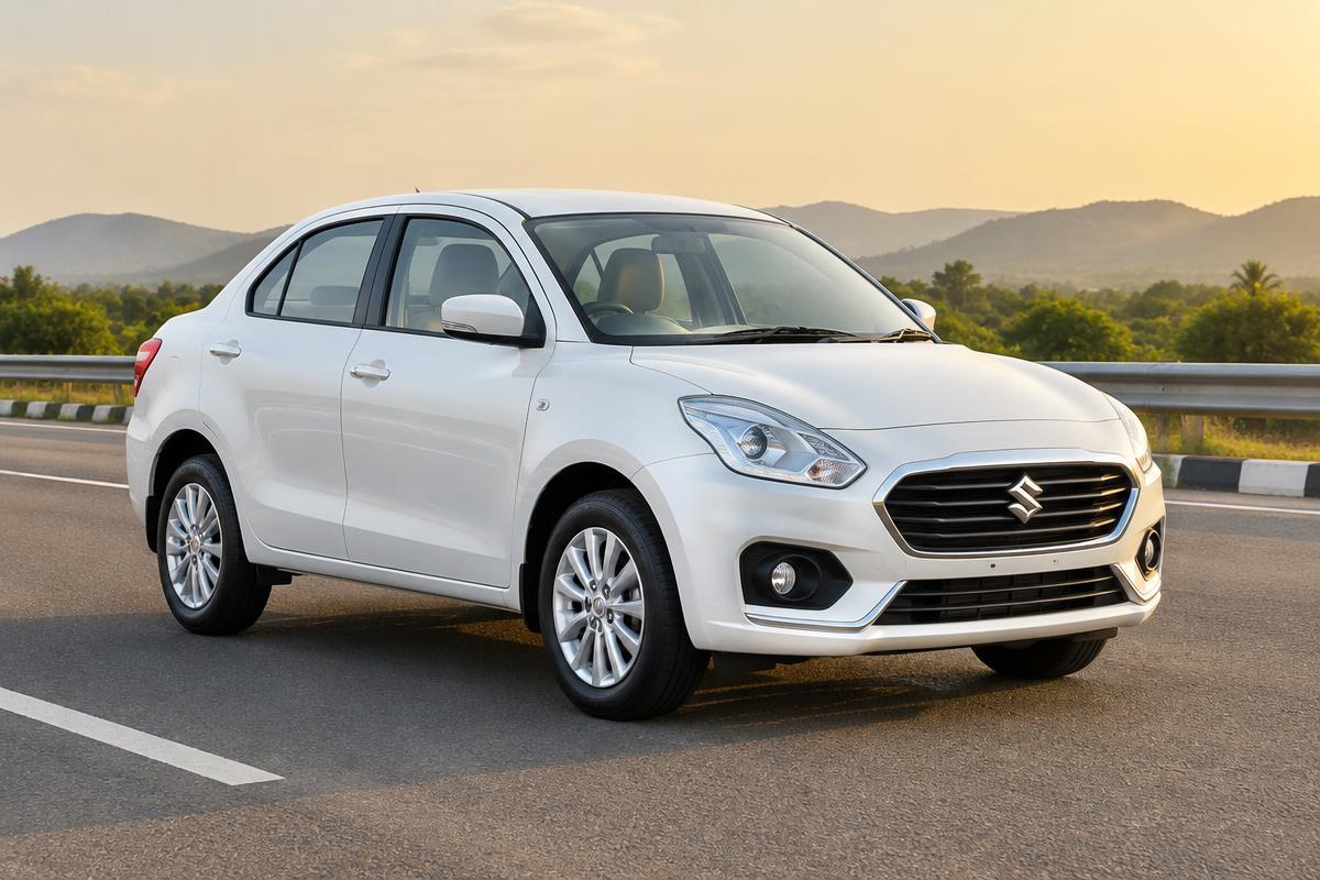 Suzuki Swift Dzire – White available for rental from Raj Travel and Mutual Fund